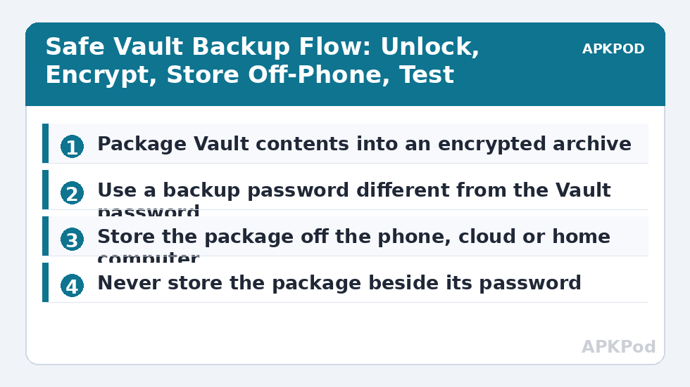 Safe Vault Backup Flow: Unlock, Encrypt, Store Off-Phone, Test