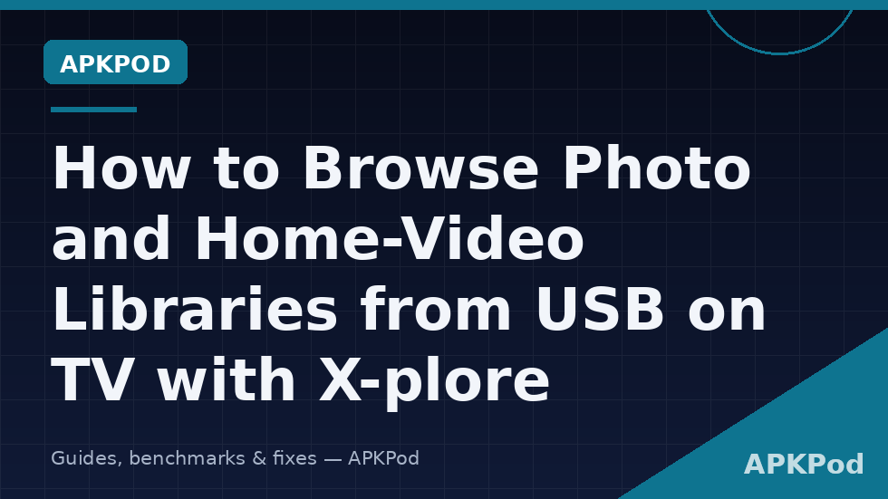 X-plore File Manager screen showing photo thumbnails from a USB drive on a television for family viewing