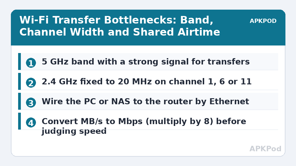 Wi-Fi Transfer Bottlenecks: Band, Channel Width and Shared Airtime