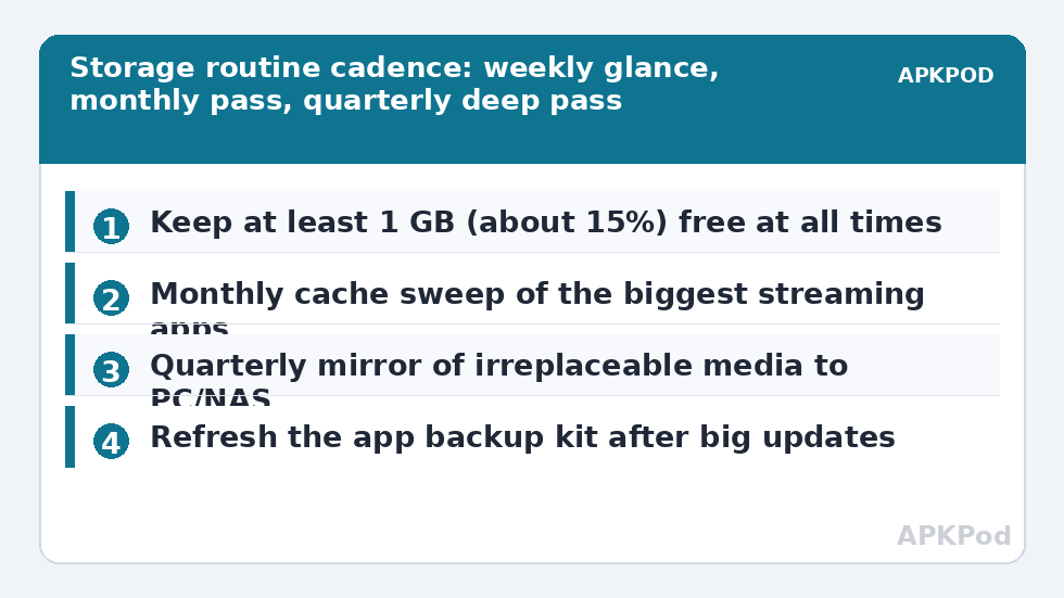 Storage routine cadence: weekly glance, monthly pass, quarterly deep pass