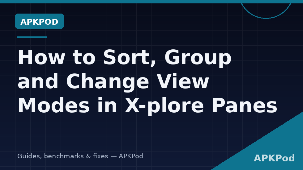 X-plore screen showing sort group view modes with one pane sorted by date and the other by name